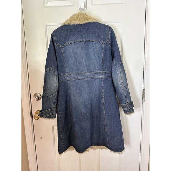 VTG Steve Madden Coat Womens Medium Blue Denim Faux Shearling Lined Long Y2K - Picture 3 of 10